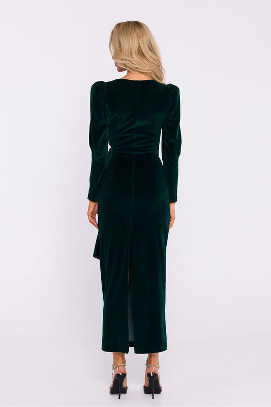 Dramatic back view of the Velour Knit Long Dress by Moe featuring a high slit for ease of movement and sophistication, tailored for upscale events.