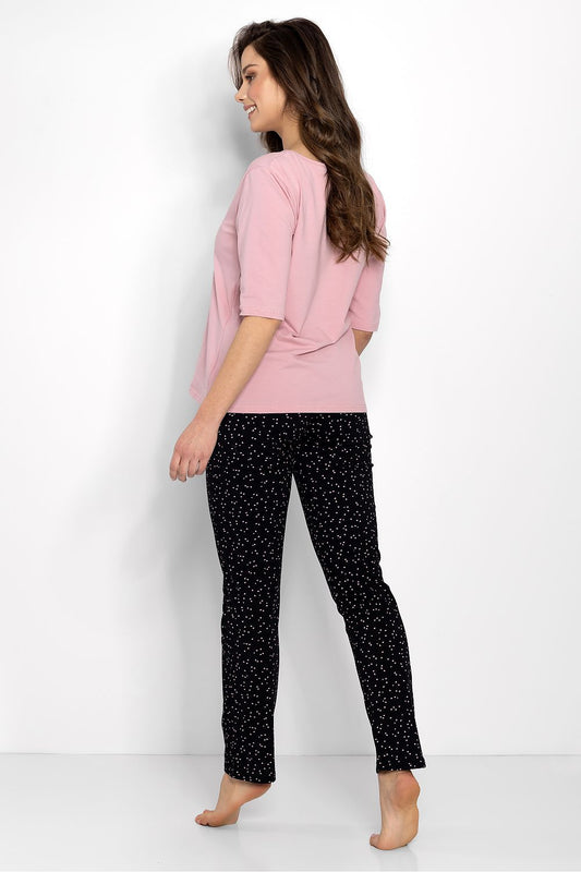 Beautifully crafted women's pyjamas set from Momenti Per Me, showcasing a feminine silhouette with long slim-cut pants and hypoallergenic, OEKO-TEX certified fabrics.