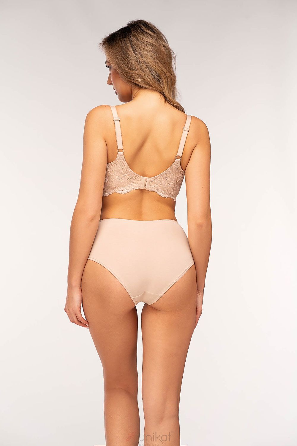 Smooth back design of Luxury Women's Beige Midi Panties by Unikat, flattering fit and exquisite lace inserts for added luxury.