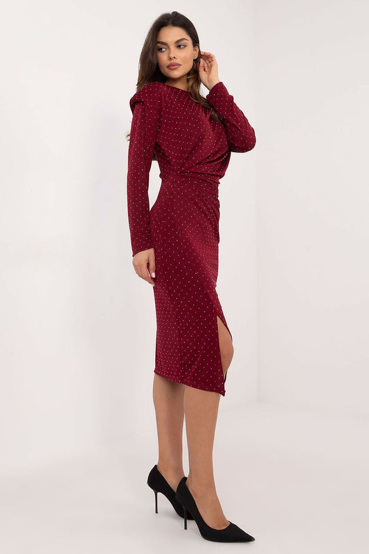 Close-up view of Italy Moda's midi dress showcasing intricate jet bead detailing and luxurious fabric, ideal for an elegant evening out.