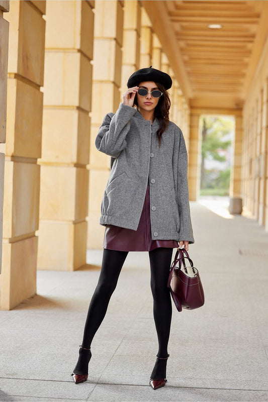 Elegant Roco Fashion Clea Jacket featuring a stand-up collar and unique stitching, perfect for a luxurious and comfortable fit.