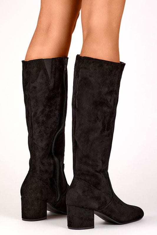 PRIMO elegant black eco-friendly suede heel boots for women featuring a 6cm stiletto heel and 37cm upper, perfect for winter comfort and style.