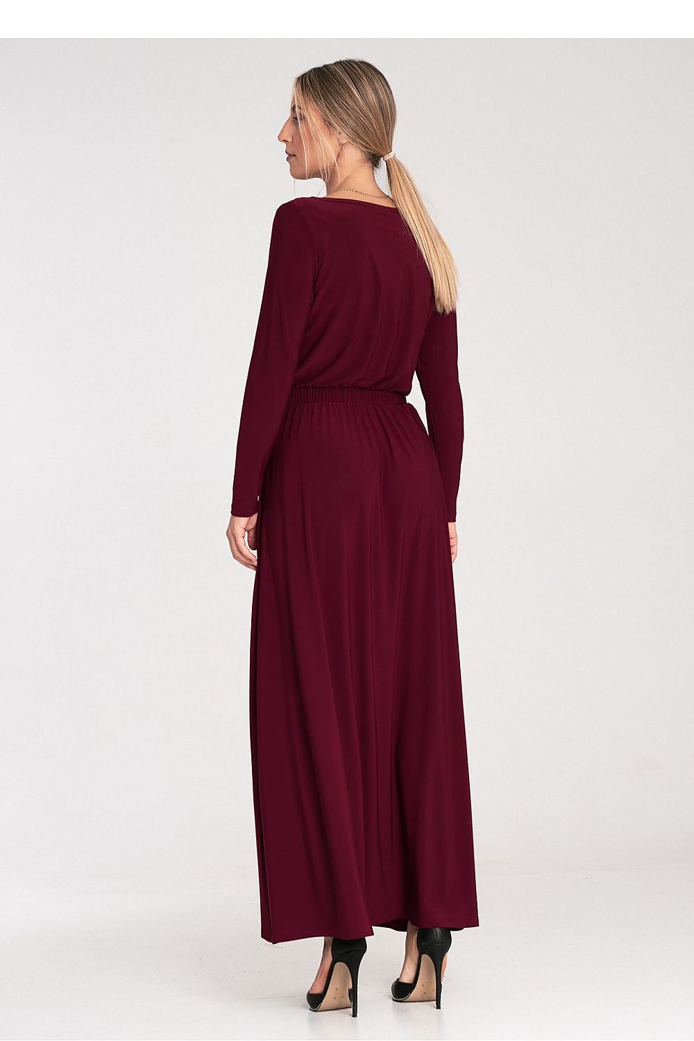 Luxurious Figl Maxi Dress featuring long sleeves, boat neckline, and elastic waist, perfect for elegant occasions.