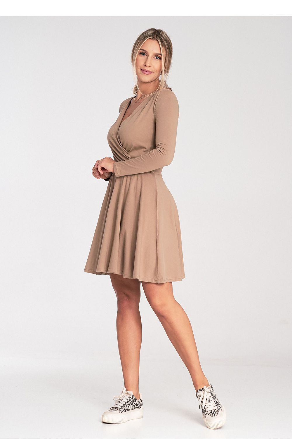 Elegant Figl cotton dress featuring long sleeves, a flared hem, and an envelope neckline, perfect for sophisticated occasions.