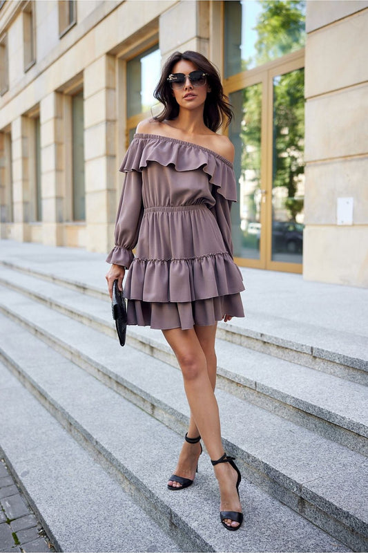 Luxurious Morella mini dress with flared skirt and ruffles, designed by Roco Fashion for timeless elegance.