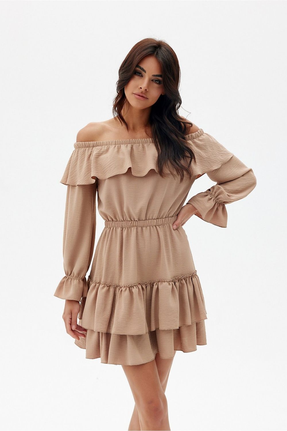 Elegant Morella Spanish-Style Mini Dress by Roco Fashion, featuring romantic ruffles, adjustable neckline, and a flared skirt, perfect for versatile styling.