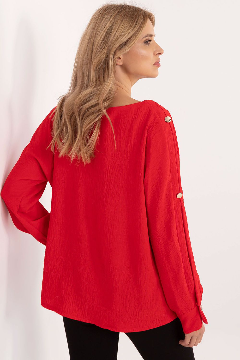 Elegant Italy Moda Blouse featuring a boat neck and slit long sleeves, crafted from high-quality fabric, ideal for luxurious occasions.