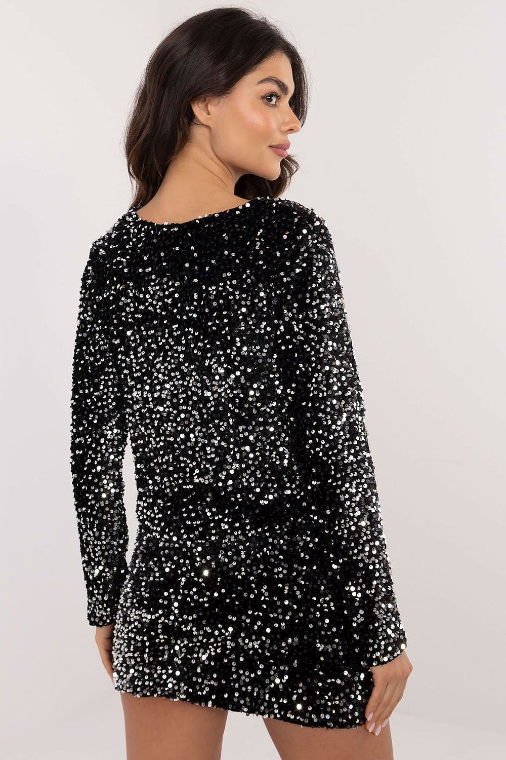 Elegant Sequin Trim Blouse with Long Sleeves by Italy Moda, crafted from shiny polyester and viscose blend for luxurious evening wear.