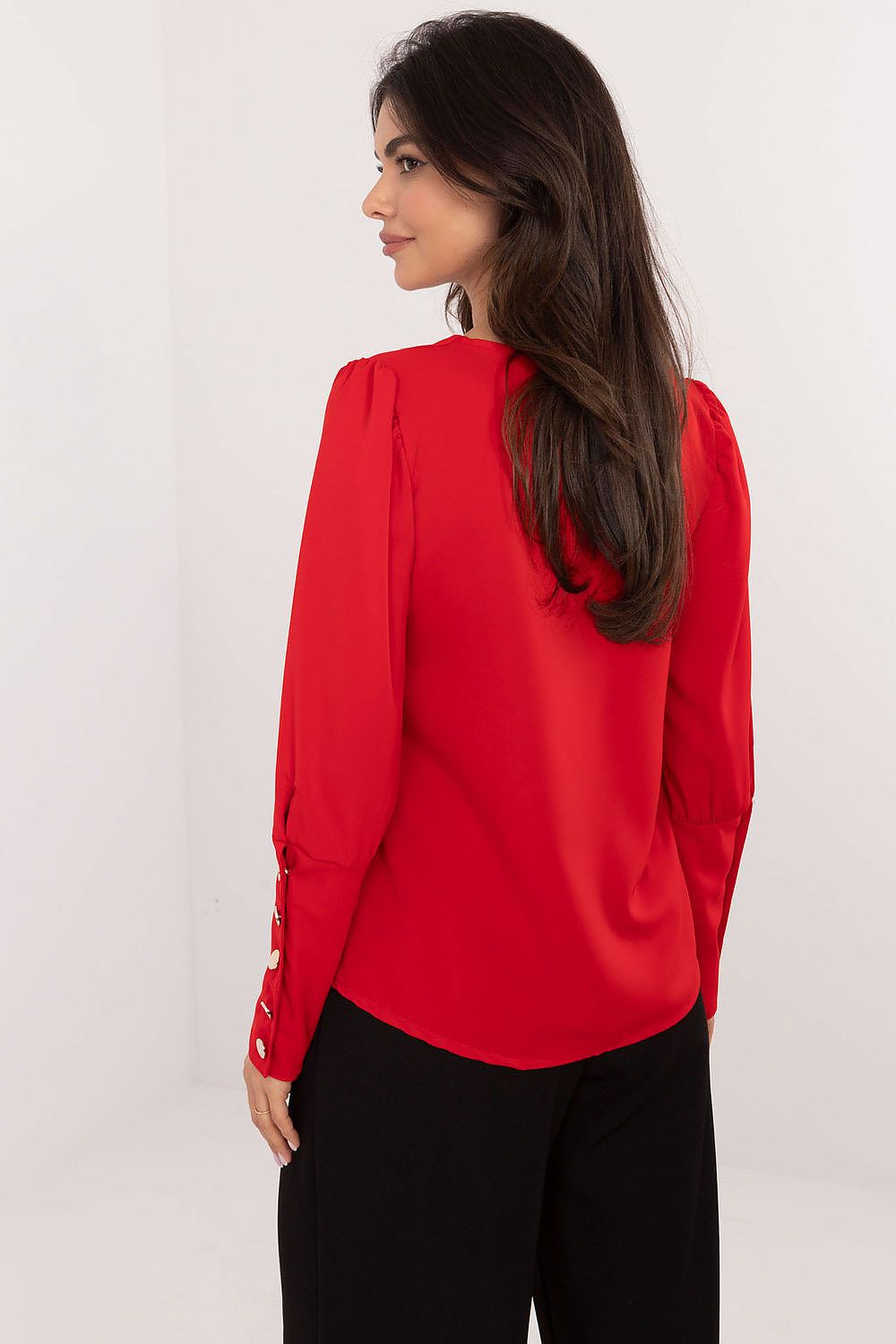 Close-up of the Elegant V-Neck Blouse by Italy Moda, highlighting the luxurious puffy sleeves, buttoned cuffs, and high-quality material blend.