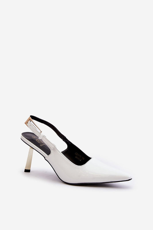 Side view of luxurious eco leather stiletto heels by Step in Style, showcasing the decorative gold heel and stylish adjustable strap.
