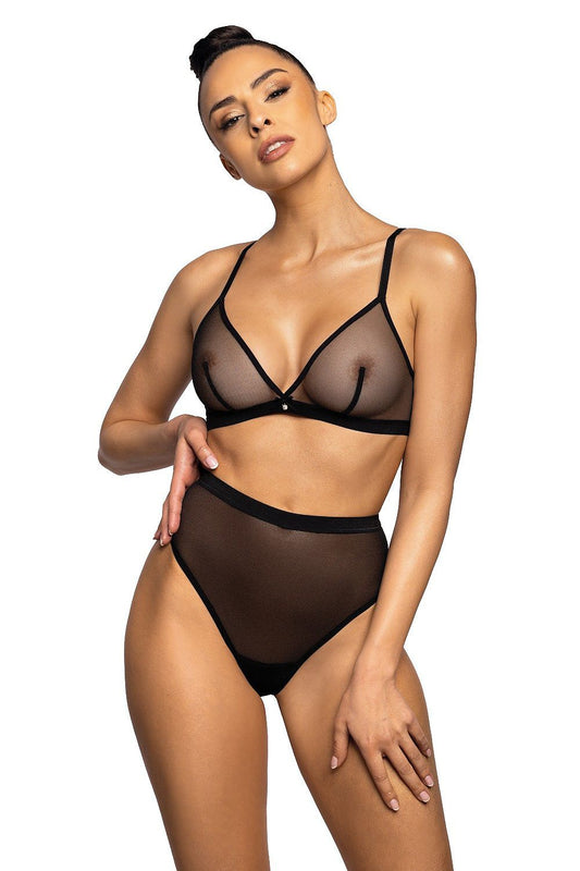 Sophisticated see-through black mesh thong by Mat, showcasing a wider elastic band for a comfortable and chic fit.