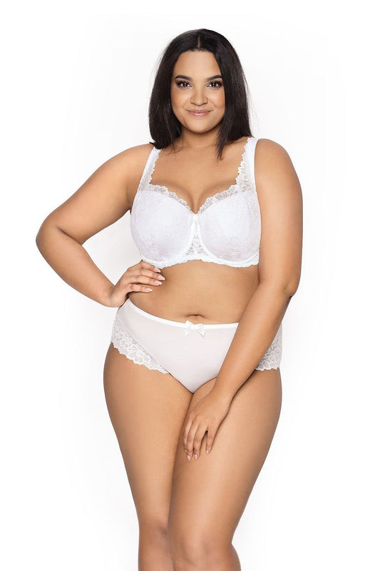 Sophisticated view of the Carmela Big Bra from Mat, featuring exquisite white lace and wide decorative straps for beautiful asymmetry coverage.