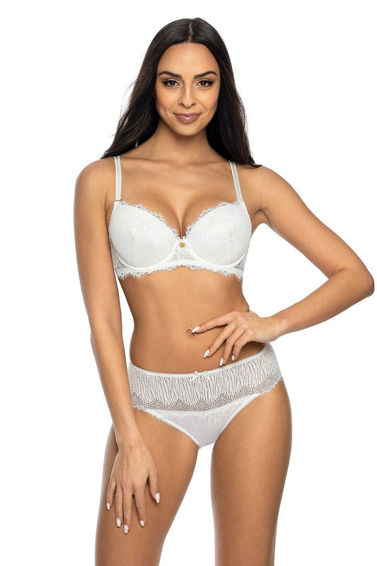 Elegantly styled Evie Milk Lace Push-Up Bra by Mat with delicate bow and adjustable straps, perfect for luxury lingerie lovers.
