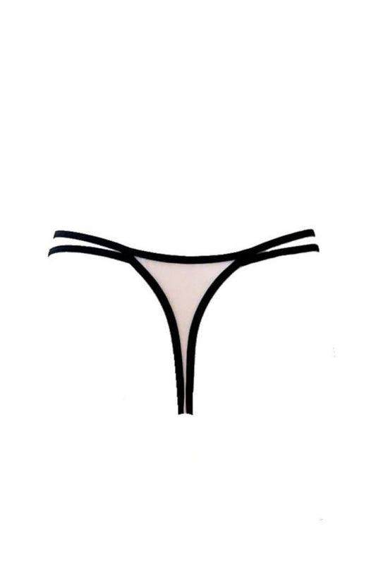 Stylish Hellen Transparent Lace Thong by Mat in soft beige and black colour, featuring exquisite lace details and delicate side embellishments, perfect for adding allure to your lingerie collection.