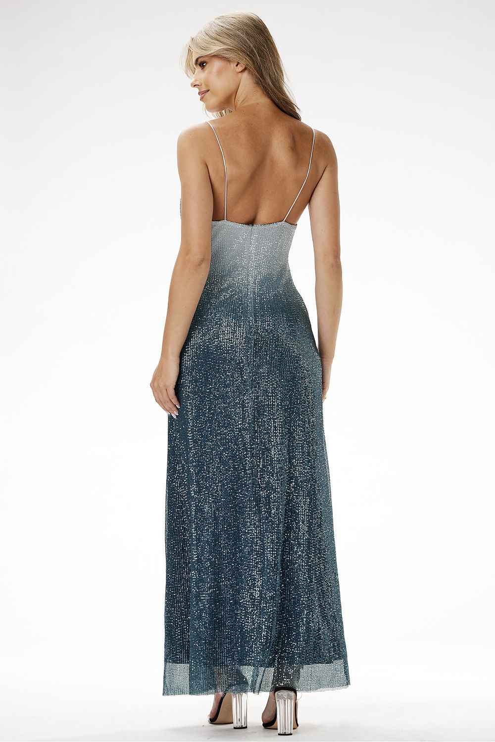 Back view of the elegant strapless sequin maxi dress by Awama, highlighting the open back design and sensual silhouette.