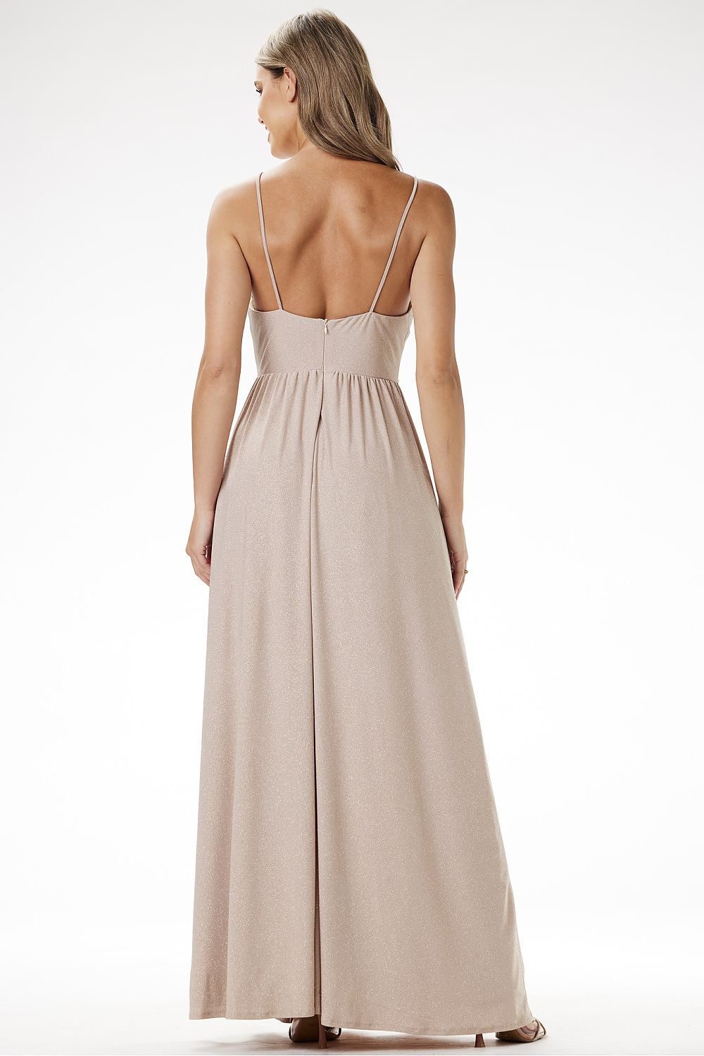 Model wearing the elegant strapless maxi dress by awama, highlighting the flattering silhouette ideal for special events.