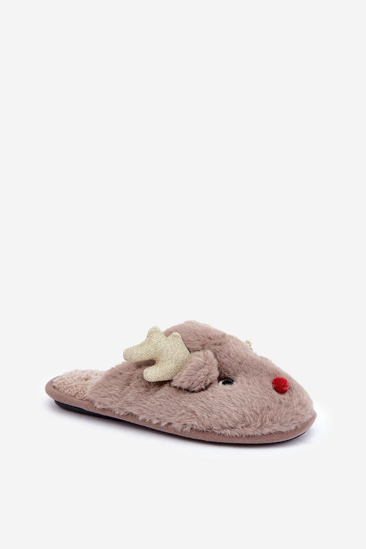 Elegant fur slippers featuring a charming reindeer motif, perfect winter footwear from Step in Style, providing warmth and comfort for the holiday season.