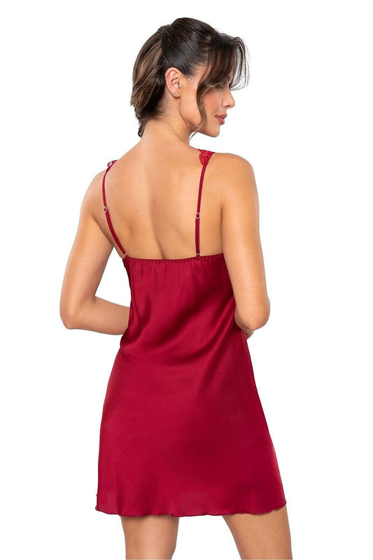 Close-up of Luxury Silk Satin Nightshirt With Lace Detail by Donna, showcasing delicate lace neckline and refined silk satin fabric.