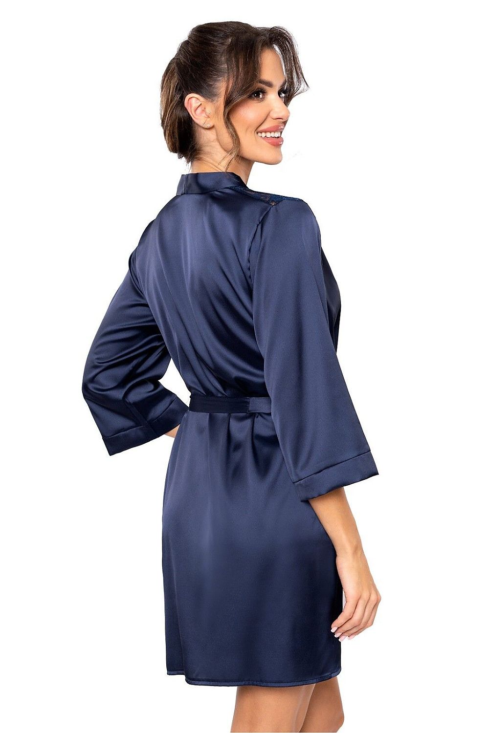 Sophisticated Donna silk satin bathrobe for women, adorned with lace neckline, available in sizes S through XXL.