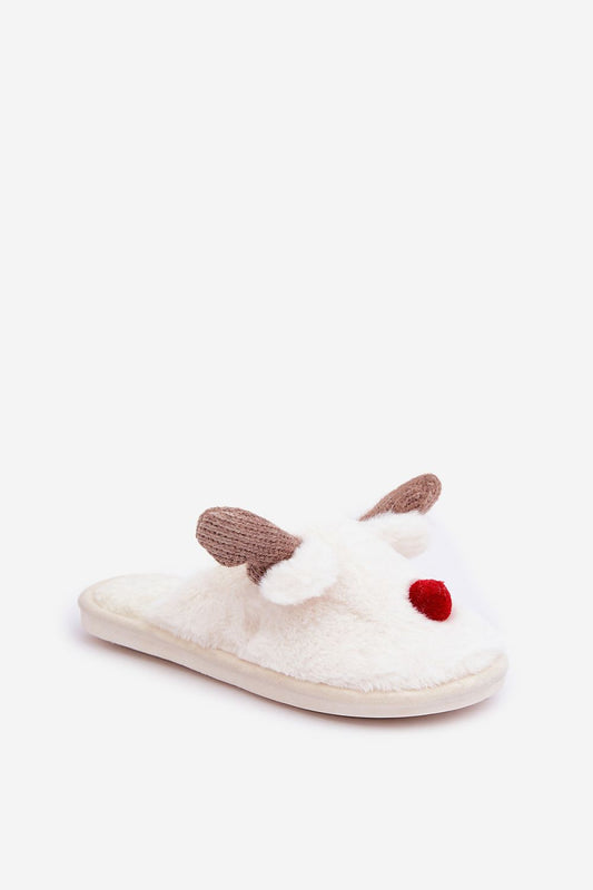 Elegant close-up of Luxurious Fur Lined Reindeer Motif Slippers by Step in style, showcasing the soft, cozy fur lining for ultimate comfort.