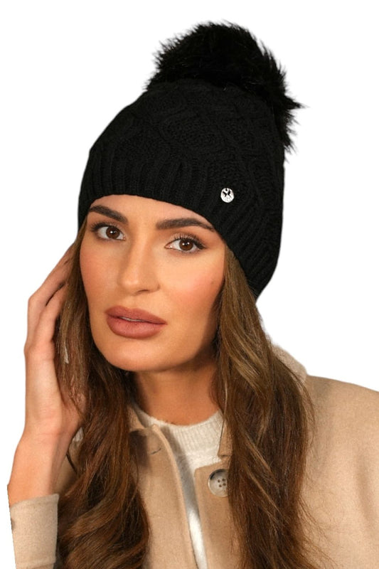 Elegant Kamea Lamis Graphite Pom-Pom Hat showcasing unique honeycomb texture, perfect for cold weather stylishness, fleece lined for extra warmth.