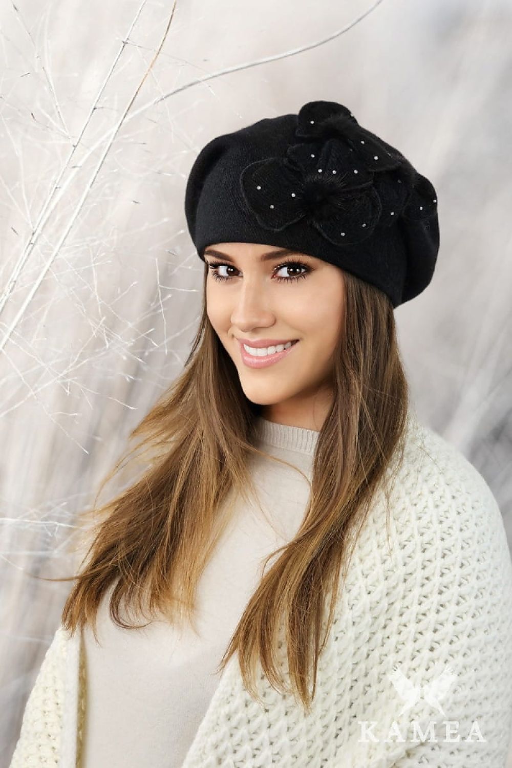 Stylish gray beret by Kamea made from premium angora, embellished with floral trims and sparkling zircons, ideal for adding elegance to any ensemble.