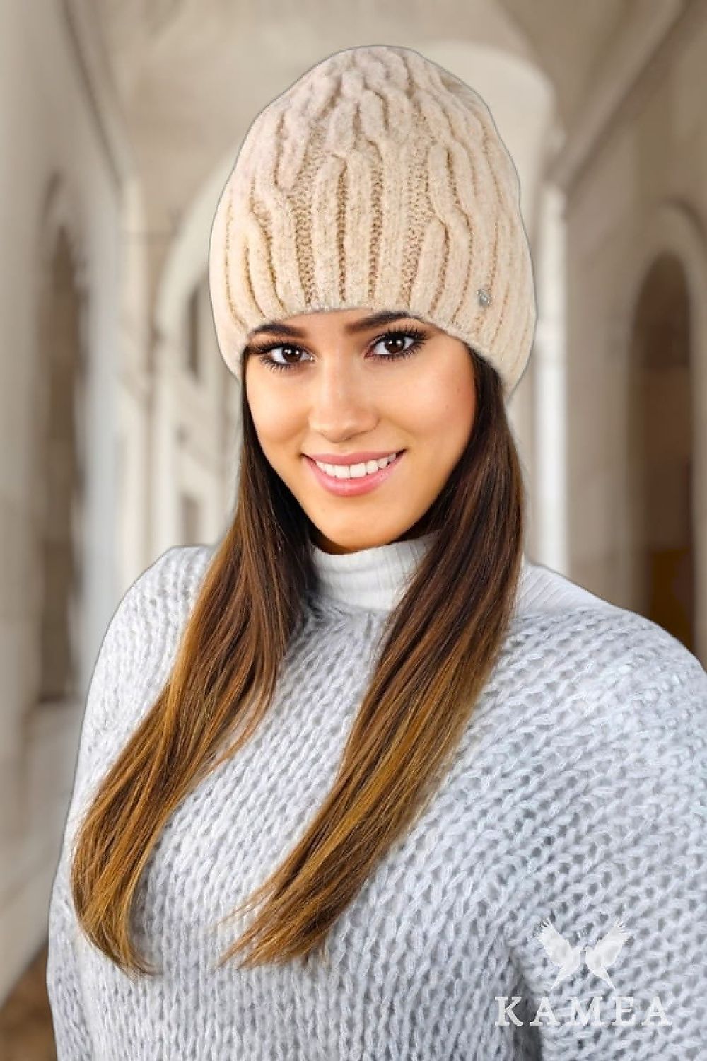 GIZMA polar fleece winter hat in olive by Kamea, displayed in a serene winter setting, exuding warmth and luxury for colder days.
