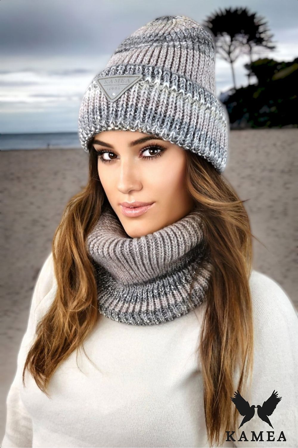 Close-up of Kamea Muscari winter hat showcasing intricate striped sequin design, plush alpaca blend fabric, and chic eco-leather logo, ideal for fashion-forward cold weather accessorising.