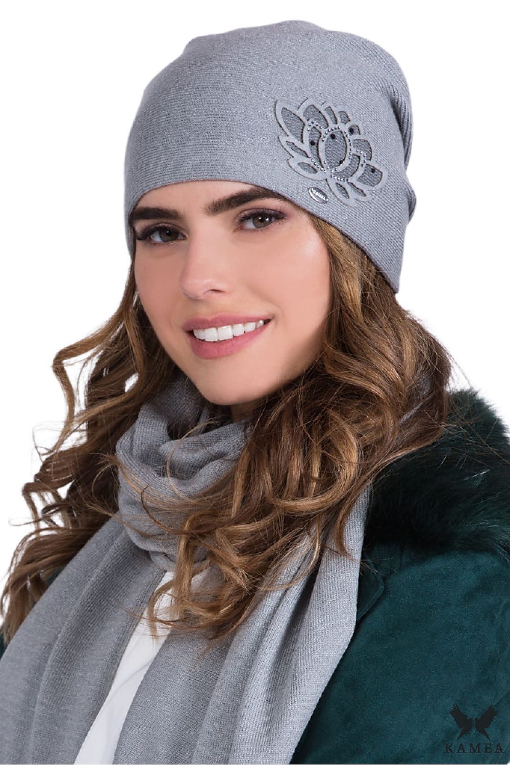 Kamea Women's Luxury Gray Cap featuring an elegant lotus flower design accented with sparkling zircons, crafted from high-quality yarn for a soft touch, ideal for autumn and winter styling.