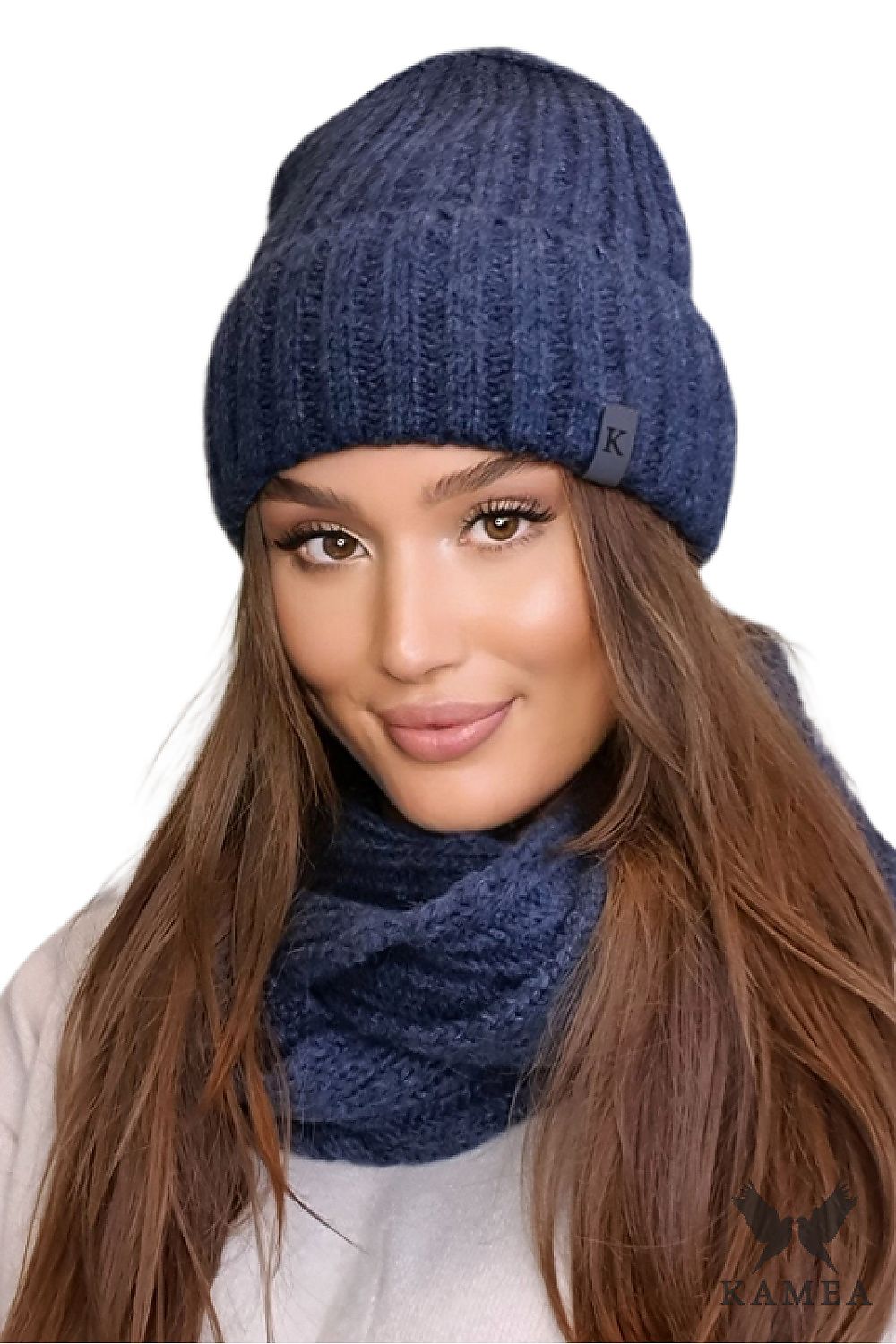 Kamea luxurious navy blue winter SEVEN set featuring a stylish ribbed knit hat and scarf, designed for warmth and comfort during autumn and winter, crafted from 100% polyester.