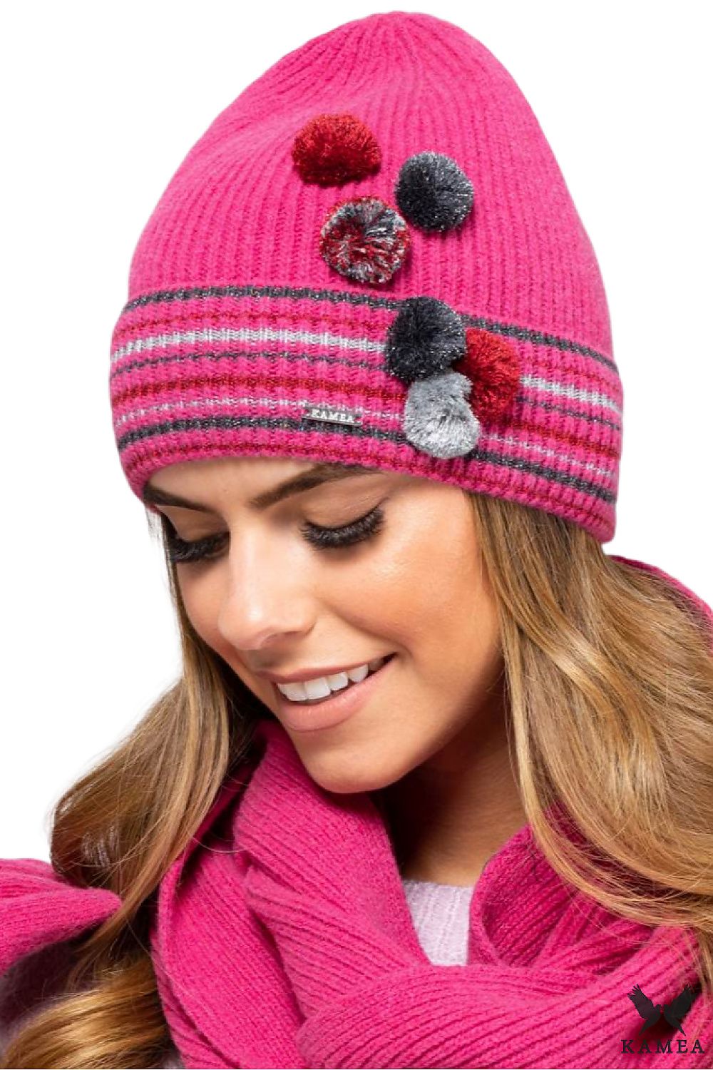 Kamea Colorado Winter Set for Girls featuring a luxurious raspberry wool hat and scarf, designed for warmth and style on cold days, with charming pom-pom detailing and high-quality craftsmanship, perfect for a young girl's winter wardrobe.