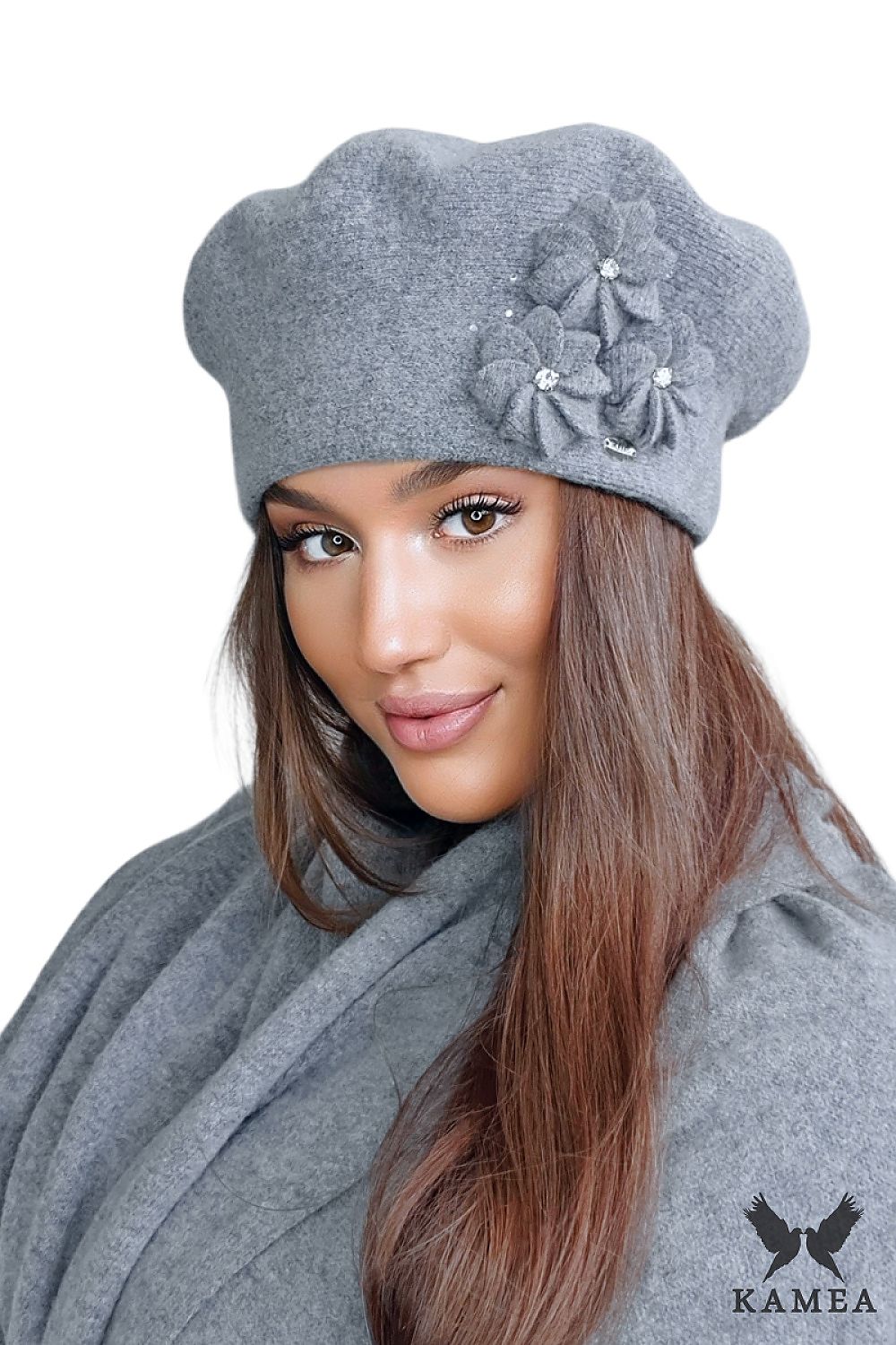 Luxury silver woolen women's beret by Kamea featuring elegant floral embellishments and sparkling zircons, perfect for stylish winter wear.