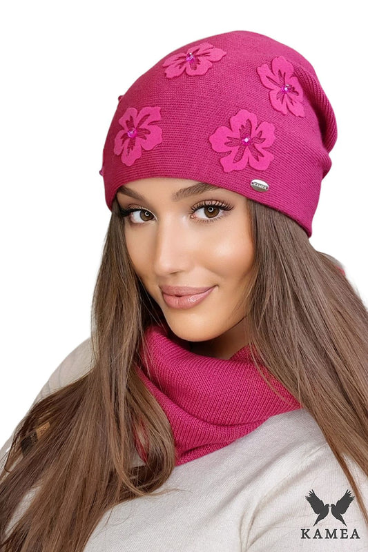 Stylish Naila women's hat in mustard by Kamea, showcasing beautiful flower applications and luxurious soft yarn for warmth and comfort.