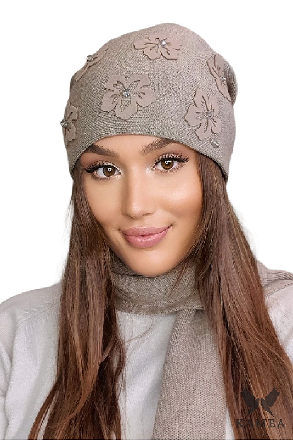 Stylish Kamea women's mustard hat Naila, made of premium yarn, adorned with floral motifs and elegant silver zircons.