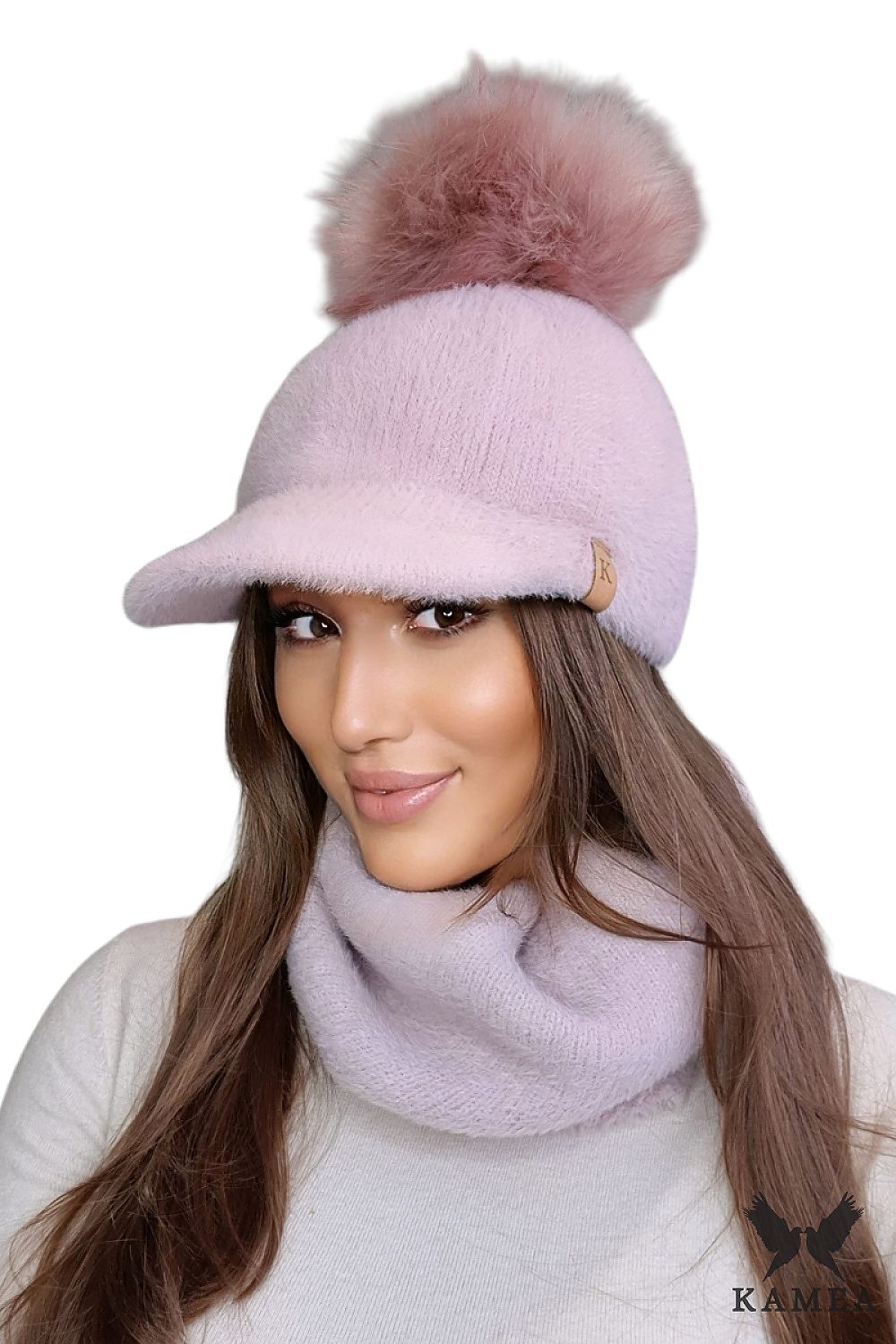 Dark Pink Koryna Women's Cap with a Pompom and Visor by Kamea – Stylish and warm winter headwear, perfect for cold days, made from 100% Polyamide.