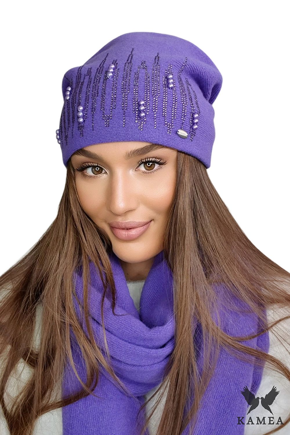 Luxury GINA Women's Woolen Hat in Purple featuring shimmering jets and pearly beads, designed by Kamea for stylish autumn-winter elegance.