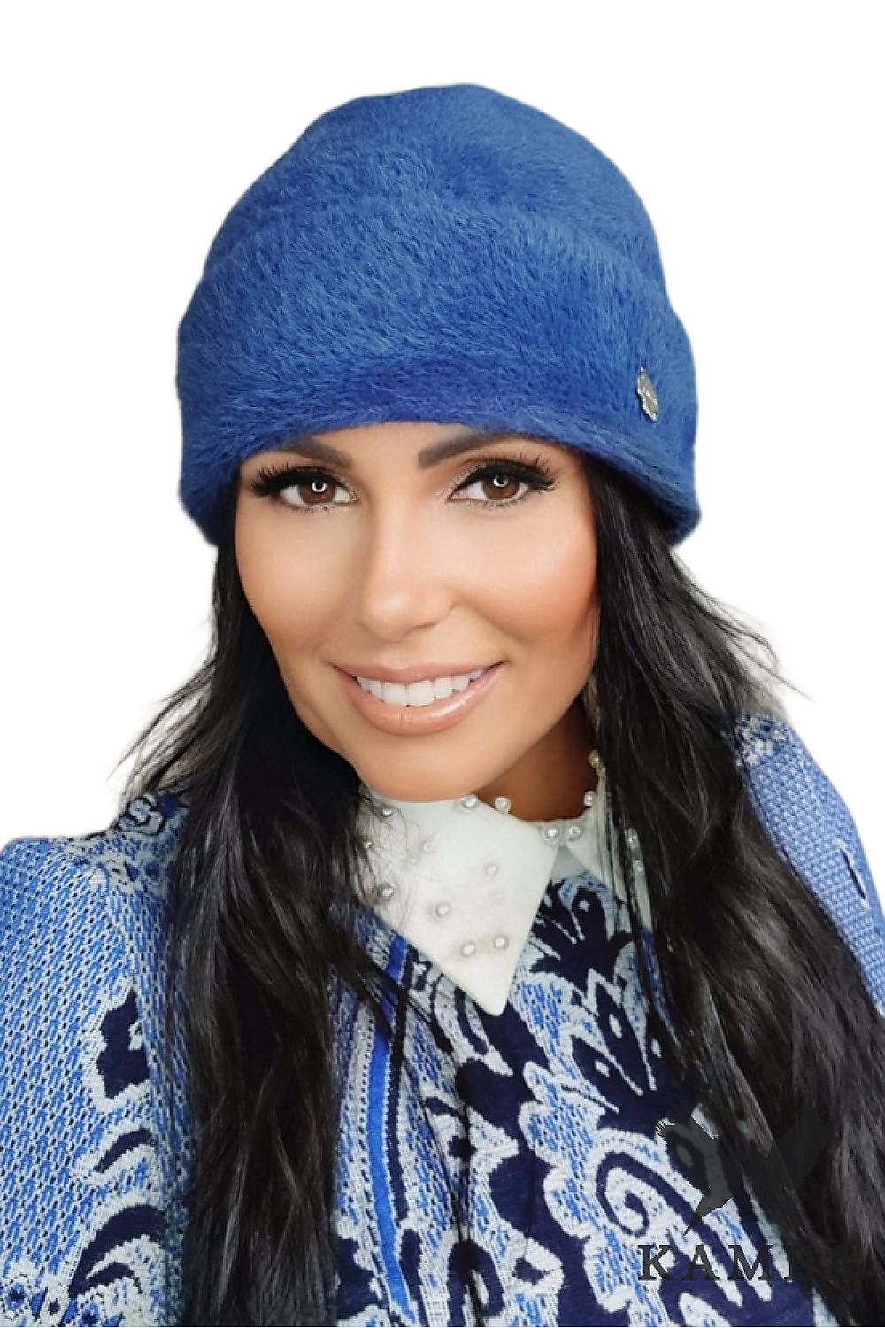 Premium Kamea navy blue women's winter hat with sparkling particles and wide cuff, showcasing elegant design and luxurious craftsmanship.