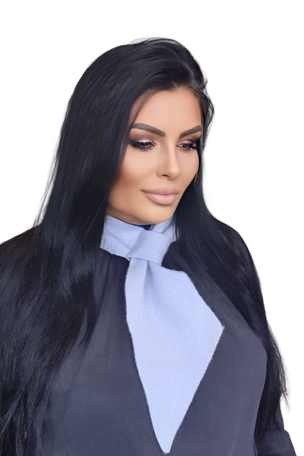 Luxurious pastel blue Kamea shawl scarf crafted from premium cashmere and merino wool, featuring a unique pocket design for effortless styling and comfort.