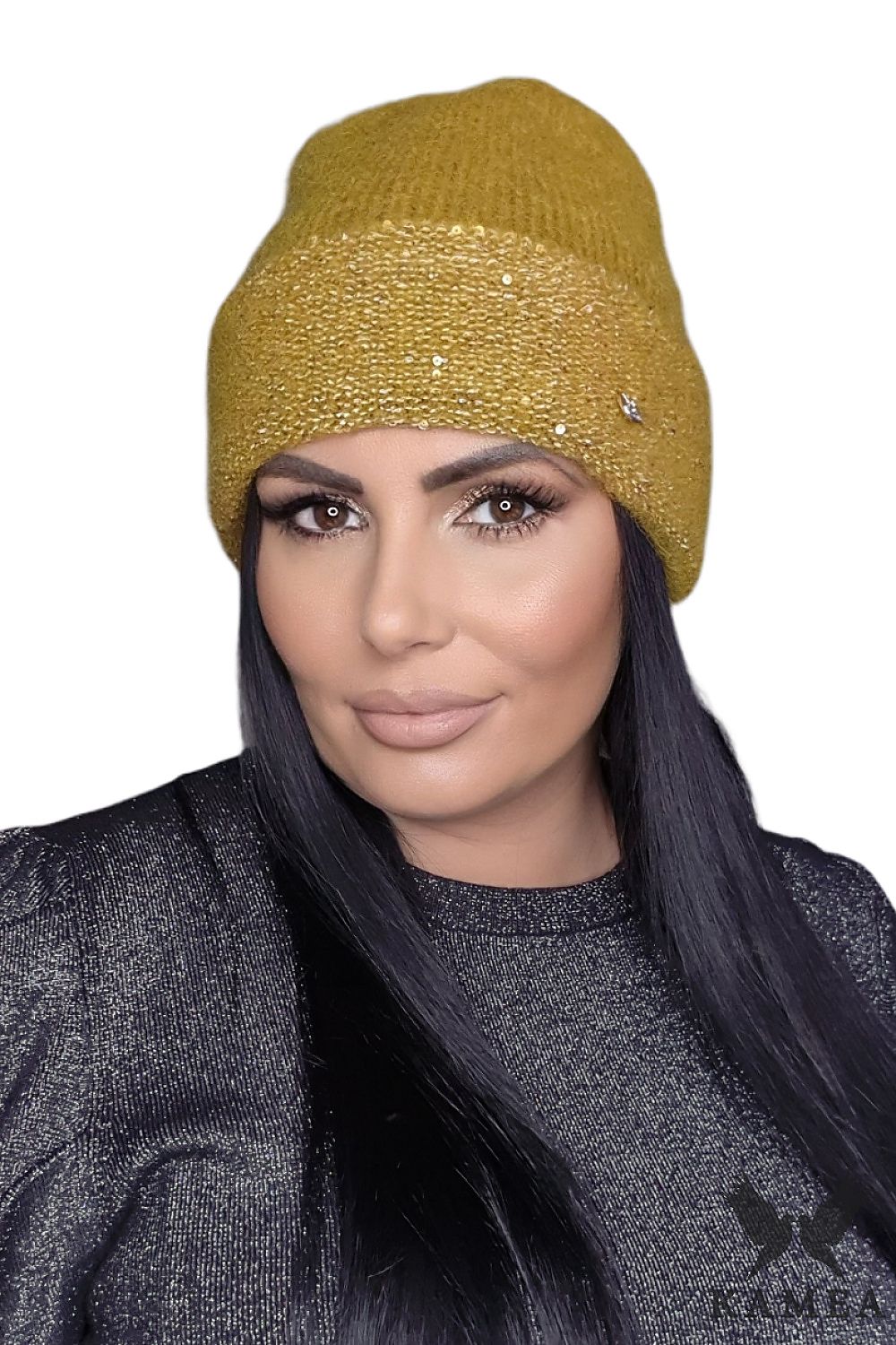 Stylish Kamea women's orange hat with sophisticated shiny details and a fashionable fold design, ideal for brightening winter outfits.