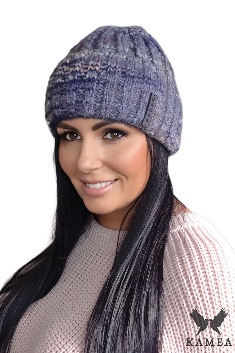 Luxury Premium HERA Women's Cap in elegant jeans colour, crafted from soft high-quality yarn with a stylish rolled edge design, perfect for autumn-winter fashion. Designed by Kamea.