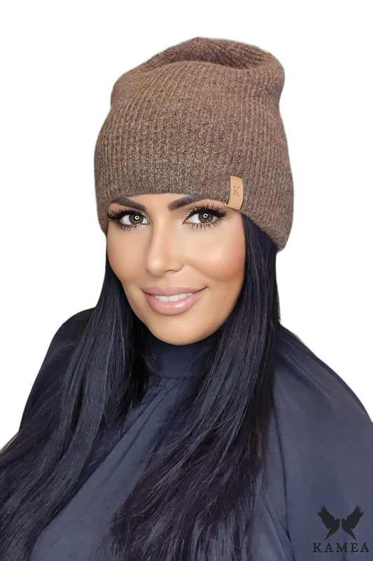 Kamea Ceres Blue Women's Hat showcasing exquisite craftsmanship, a sophisticated leather detail, and a comfortable fit, perfect for cold weather elegance.