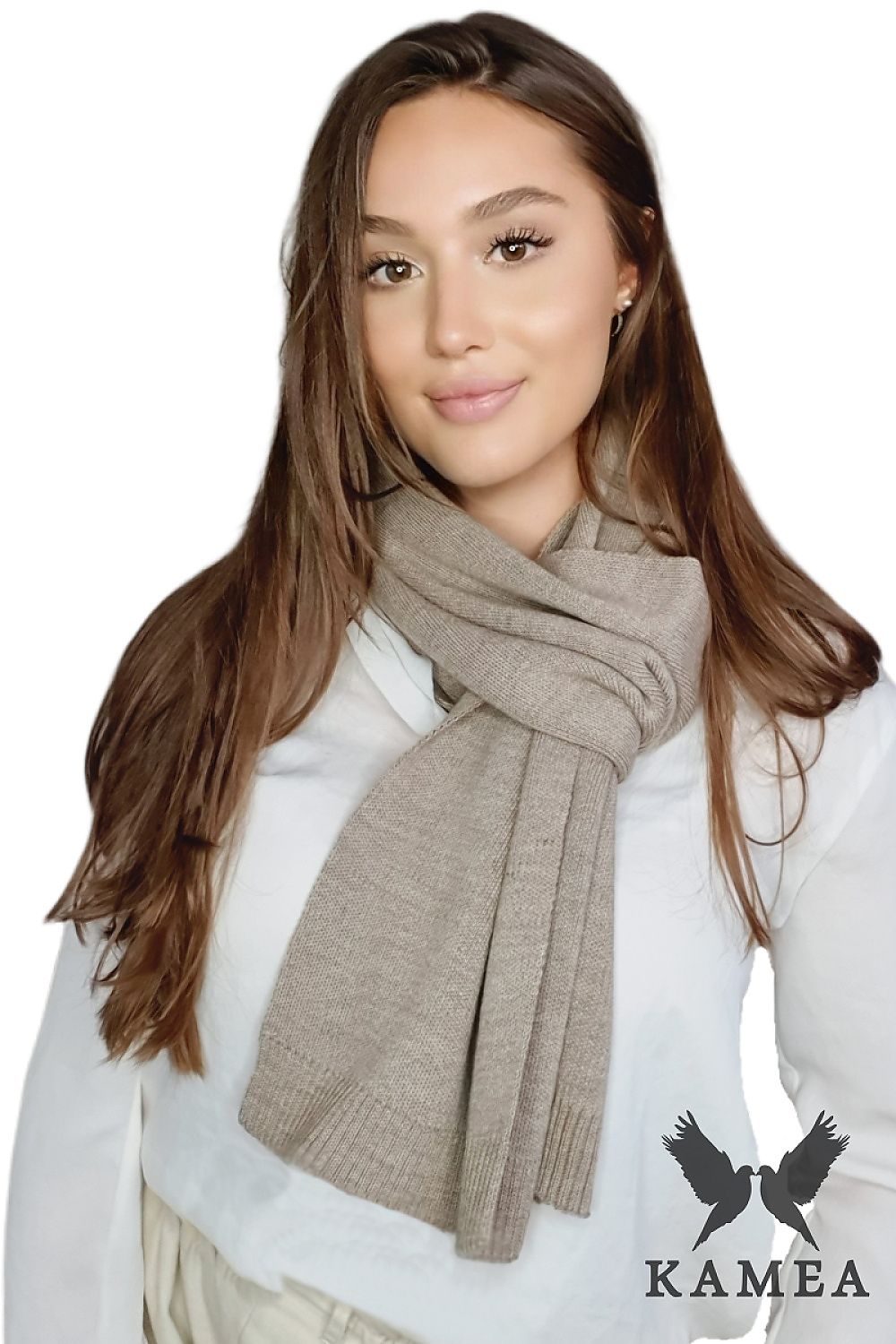 Premium women's blue shawl by Kamea, a luxurious winter scarf made in Poland with a premium wool blend, ideal for adding elegance to autumn-winter outfits.