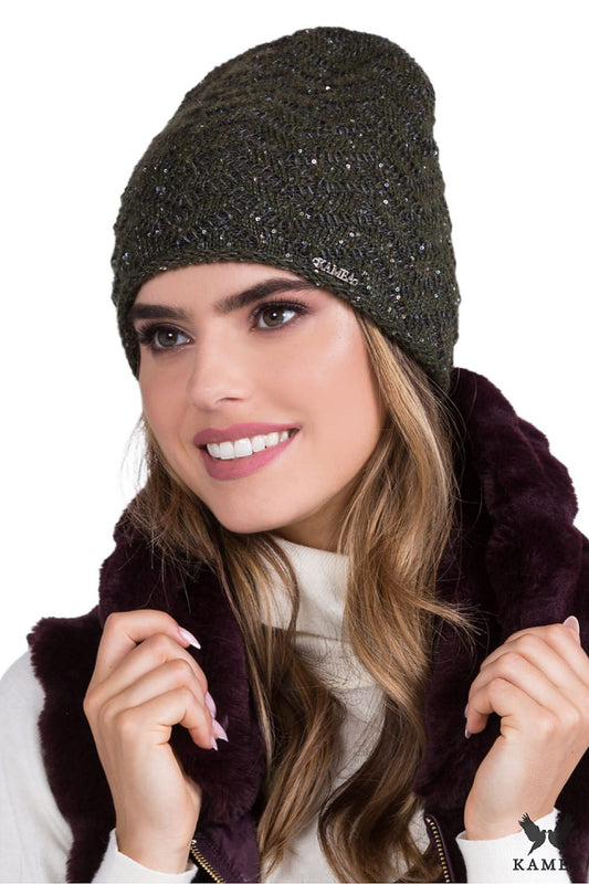 Stylish Kamea WENUS women's hat lined for warmth, showcasing a chic design with a delicate fir tree motif and glimmering sequins.