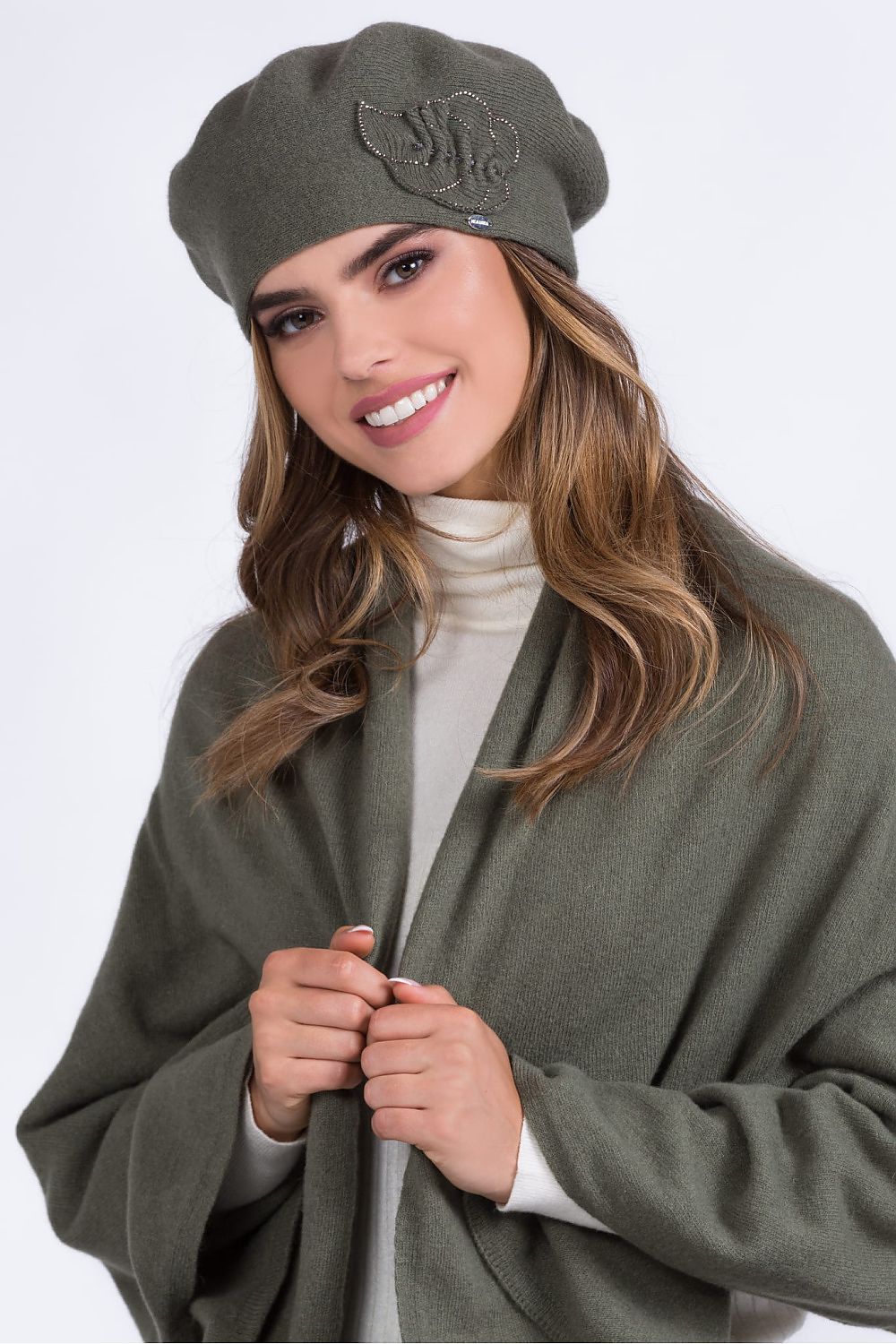 Premium Kamea women's khaki woolen beret featuring shiny leaf application and bead embellishments, perfect for stylish autumn-winter wardrobes.