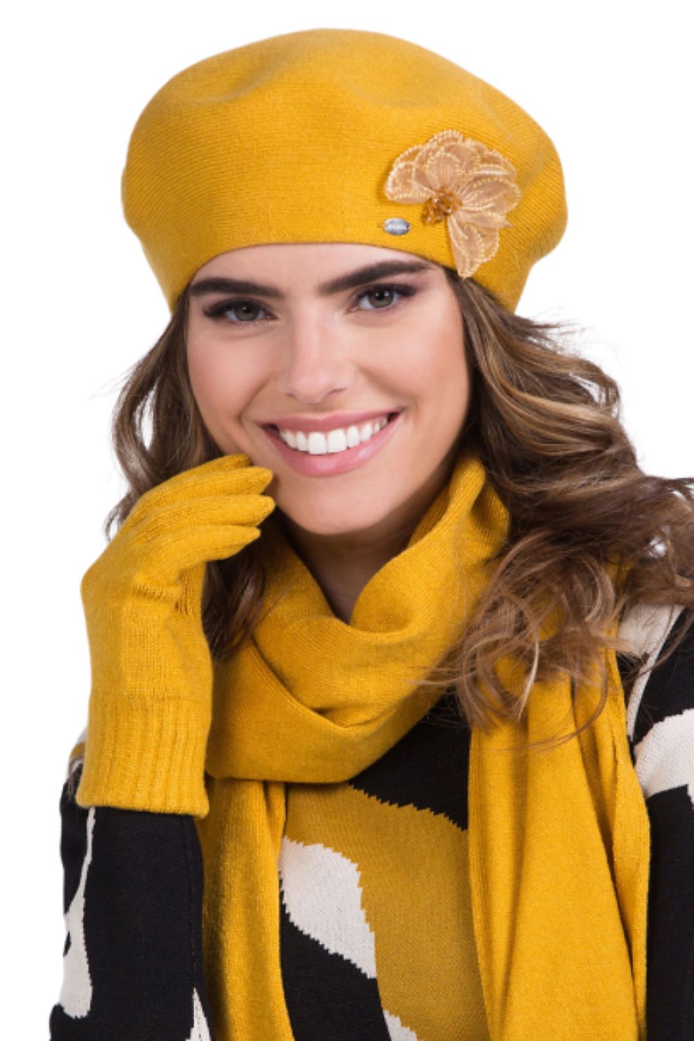 Luxurious mustard women's beret by Kamea featuring exquisite beaded application and a silver badge, perfect for enhancing autumn-winter ensembles.