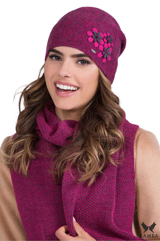 Stylish Kamea women's premium mustard hat featuring an elegant houndstooth pattern and exquisite floral applications, perfect for adding a luxurious touch to any outfit.