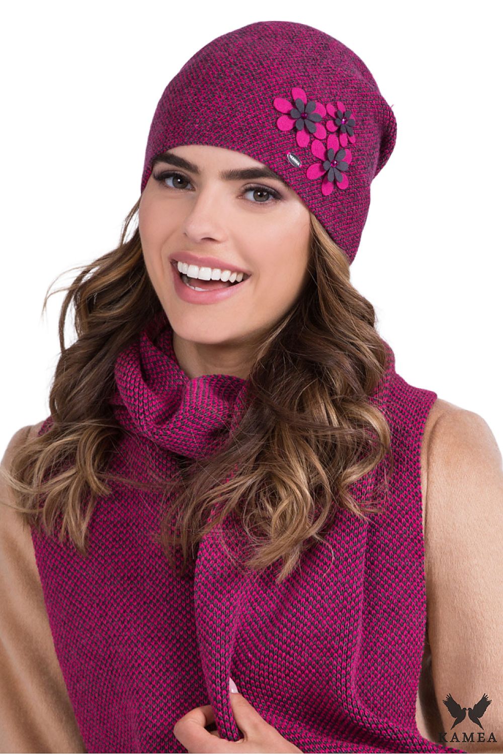 Stylish Kamea women's premium mustard hat featuring an elegant houndstooth pattern and exquisite floral applications, perfect for adding a luxurious touch to any outfit.