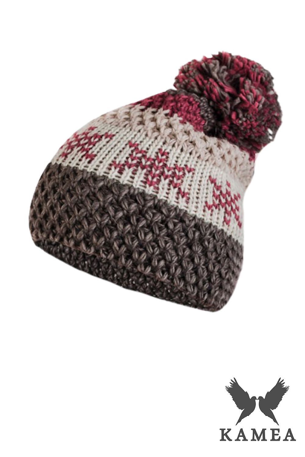 Stylish fuchsia wool blend hat by Kamea with a large pompom, designed for comfort and elegance during chilly days.