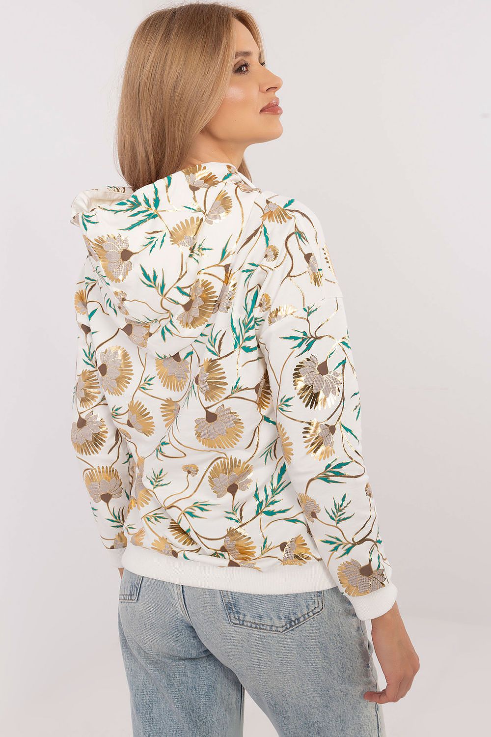 Luxury women's hooded sweatshirt featuring a vibrant, colourful print designed by Factory Price, perfect for stylish casual wear in EU sizes S to XL.