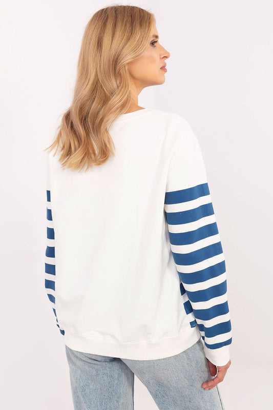 Elegant women's casual sweatshirt with sporty stripes, featuring a round neckline and stylish front print, designed for ultimate comfort. Crafted from high-quality cotton and elastane by Factory Price, available in sizes S to XL, perfect for sophisticated everyday wear.